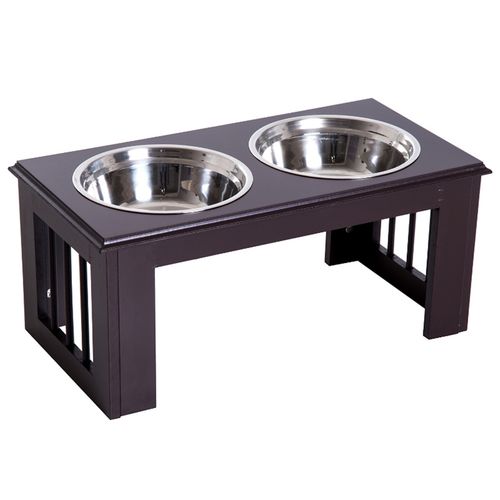 Elevated Dog Bowls with Storage for Large Dogs – Brown Wooden Stand with Stainless Steel Bowls