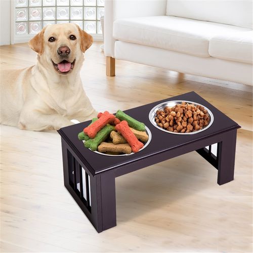 Elevated Dog Bowls with Storage for Large Dogs – Brown Wooden Stand with Stainless Steel Bowls