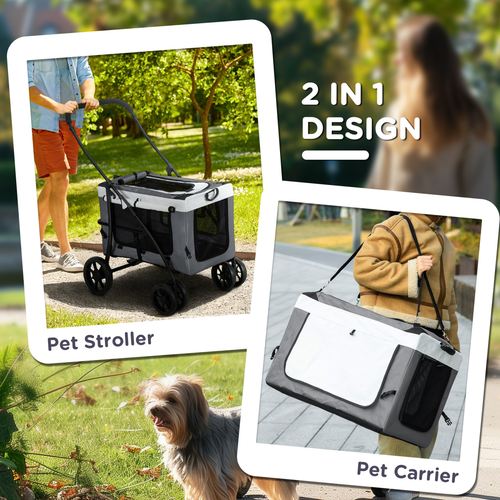 PawHut Foldable Pet Stroller w/ Detachable Carrier, Soft Padding - Grey