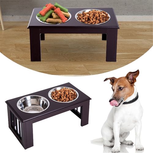 Elevated Dog Bowls with Storage for Large Dogs – Brown Wooden Stand with Stainless Steel Bowls